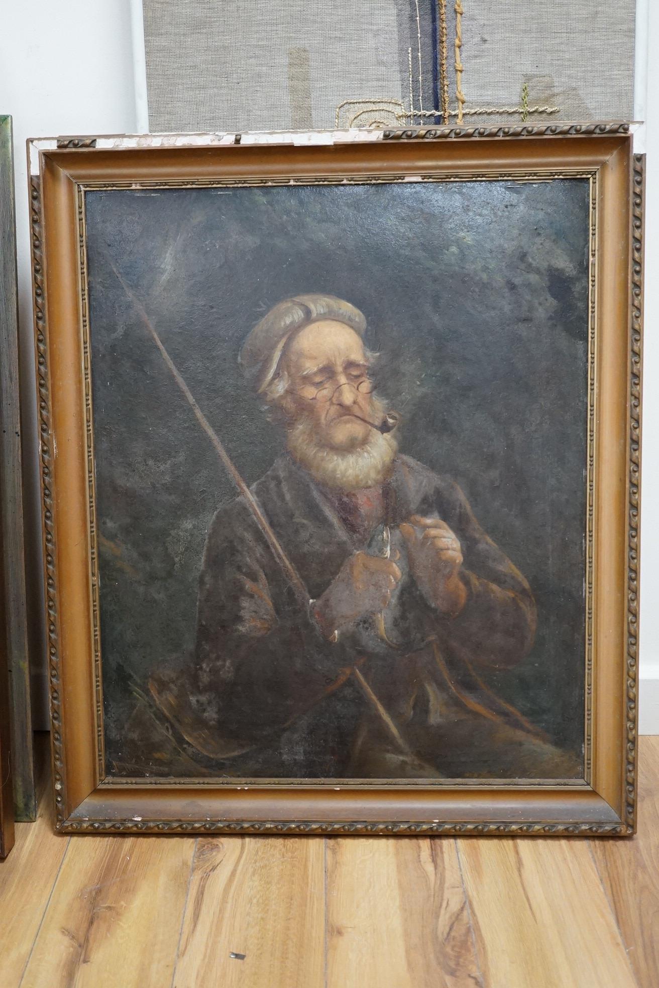 Early 20th century, oil on board, Study of a fisherman smoking a pipe, indistinctly signed lower left, 73 x 59cm. Condition - poor